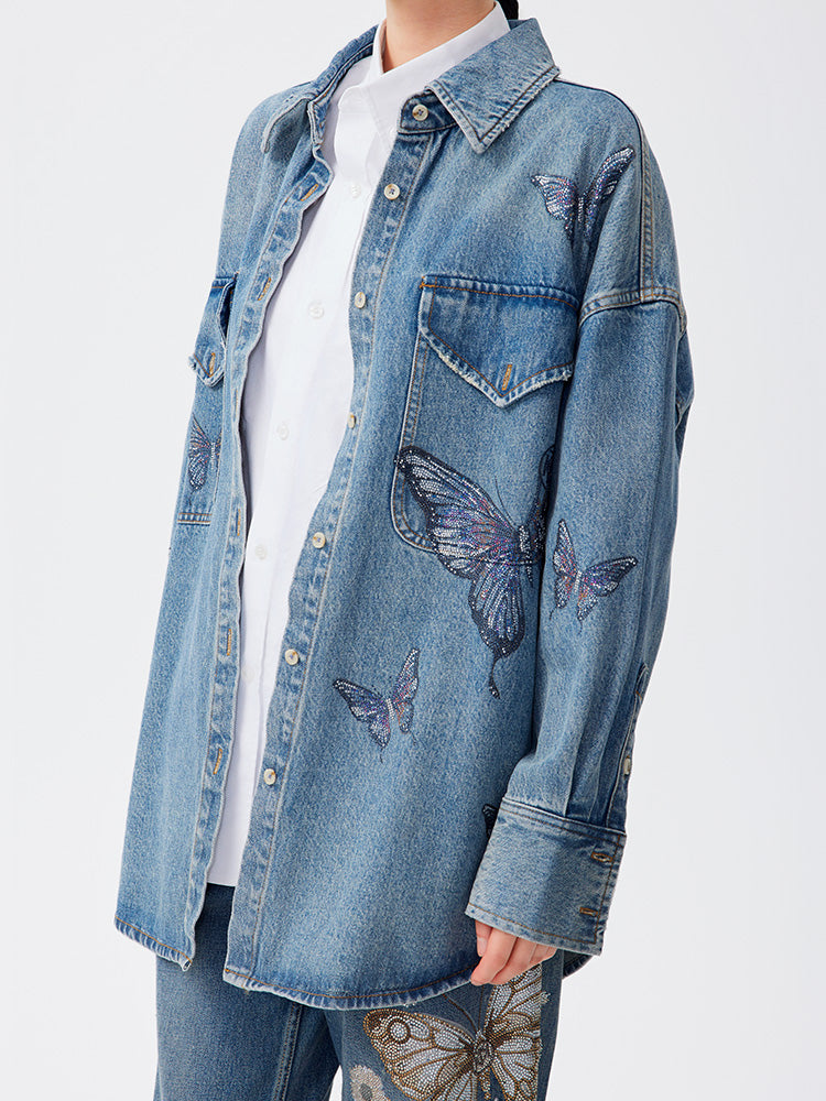 TCH Butterfly Rhinestone Denim Blouse Shirt