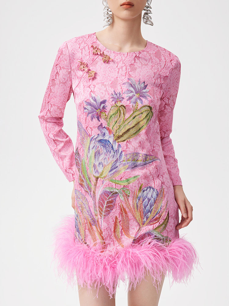 TCH Rhinestone Jacquard Floral Feather Trim Mini Dress