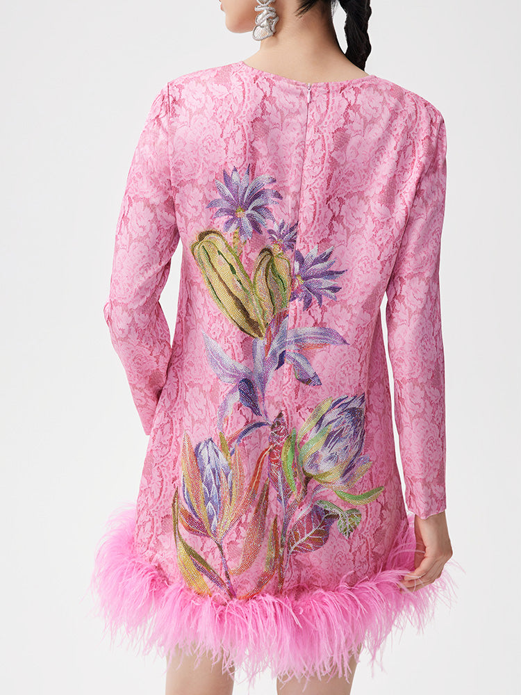 TCH Rhinestone Jacquard Floral Feather Trim Mini Dress
