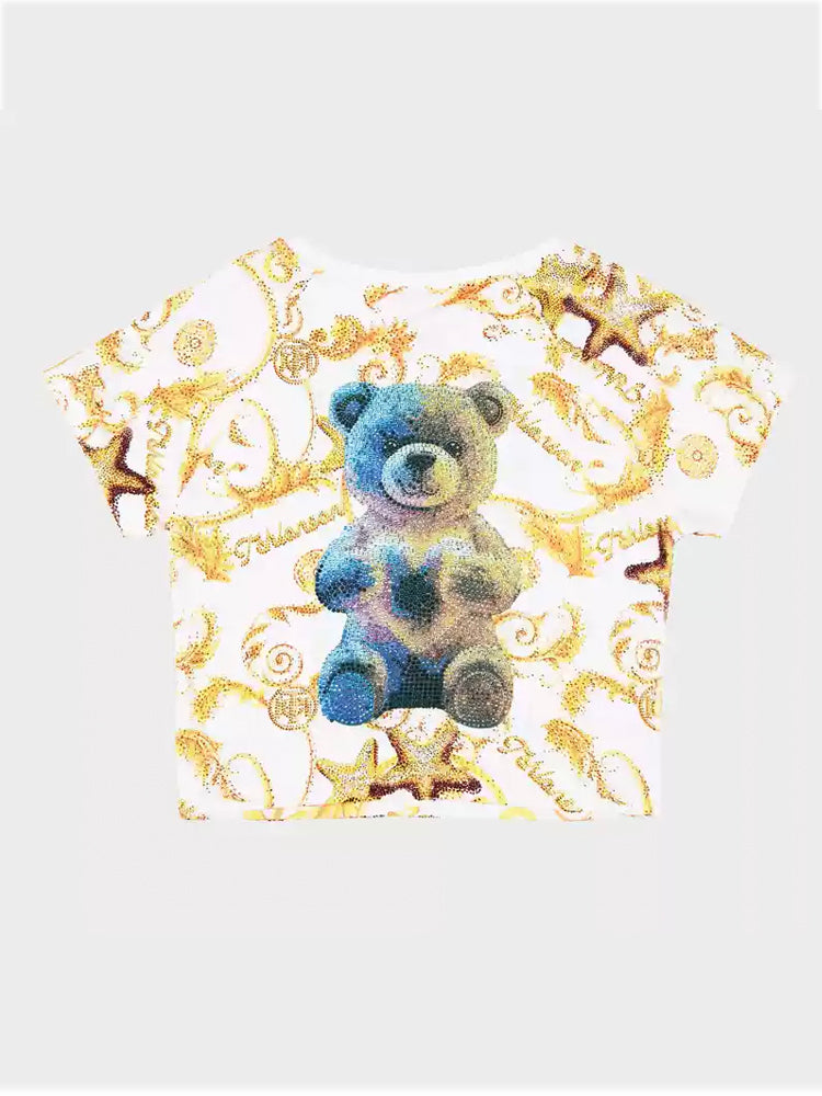 TCH Teddy Bear Rhinestones Print Tee Crop Top Baroque