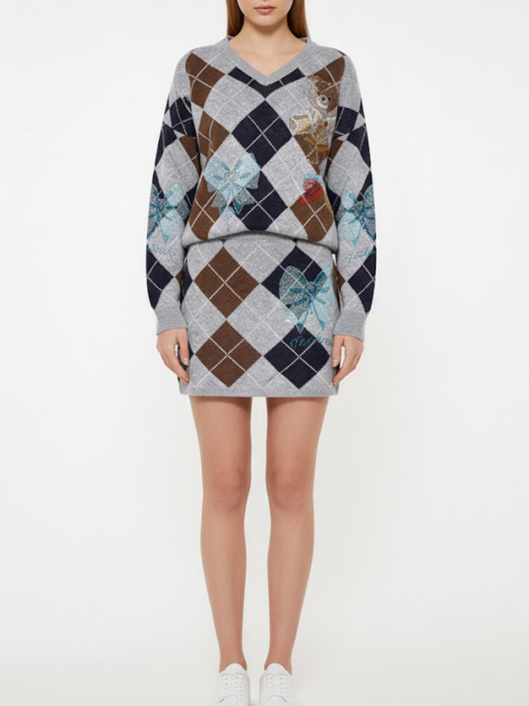 TCH Rhinestone Bear Graphic Knit Sweater & Skirt Set